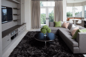 Living room with black carpet